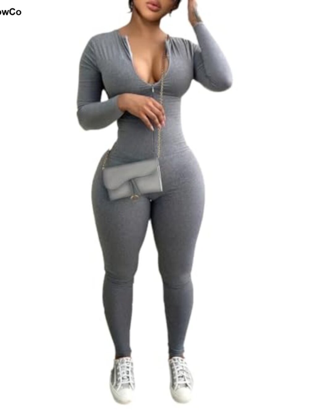 Women Long Sleeve Bodycon Jumpsuit Sexy Zip Up One Piece Romper